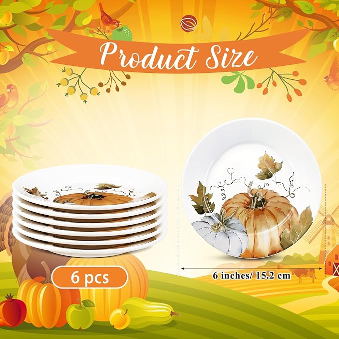 Honeydak 6 Pcs 6 Inch Fall Plates Pumpkin Ceramic Thanksgiving Salad Plates So - Image 2