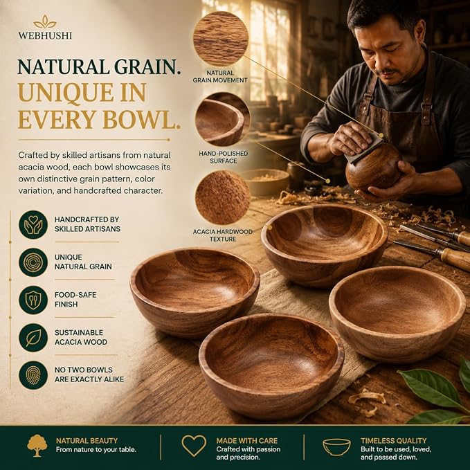 Acacia Wood Bowl Set of 4, 4.75-Inch Medium Serving Bowls, 150 Cubic cm Volume - Image 5
