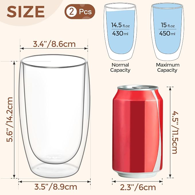 ComSaf 15oz Double Wall Glass Coffee Mugs, Insulated Latte Cups Set of 2 - Image 5