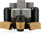 LITOPAK 100 Pack 12 oz Paper Coffee Cups for Hot Chocolate Drinks, Black Disposable Coffee Cups with Lids, Sleeves and Stirring Sticks for Parties, Picnic, Travel, and Events