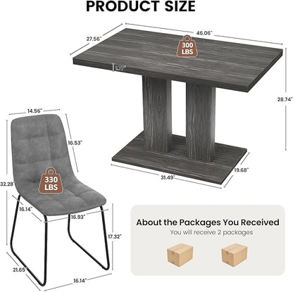 Modern 5-Piece Dining Table Set for 4, 46" Pedestal Dining Table with 4 Leather Chairs, Small Space Saving Kitchen Table Set, Grey Wood Finish Rectangular Table for Dining Room & Apartment