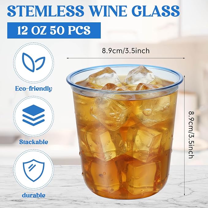 Ziliny 50 Pcs Disposable Stemless Glasses 12oz Crystal Plastic Wine Glasses - Image 3