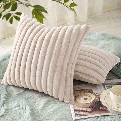 decorUhome Cozy Faux Fur Throw Pillow Covers 24x24 Set of 2 Decorative Soft Plush Striped Modern Farmhouse Boho Couch Euro Sham Pillow Cases with Velvet Back for Sofa Bed Living Room, Beige