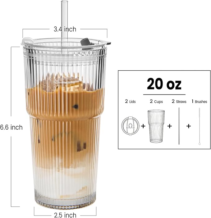 TUZAZO 20 Oz Ribbed Glass Coffee Tumblers - Image 2