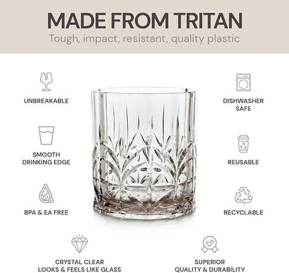BELLAFORTE Shatterproof Tritan Plastic Short Tumbler, Set of 4, 13oz - Myrtle Beach Unbreakable Crystal Cut Old Fashioned Drinking Glasses for Whiskey - BPA Free - Dishwasher Safe - Grey