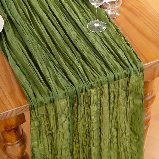 DeZerlor Olive Green Cheesecloth Table Runners 2 Pack Fall Runners | 120Inch - Image 2