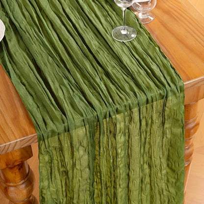 DeZerlor Olive Green Cheesecloth Table Runners 2 Pack Fall Runners | 120Inch - Image 2