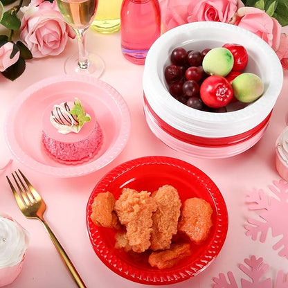 Layhit 100 Pcs Valentine's Day Plastic Bowls 12 oz Red Pink White Disposable Plastic Dessert Serving Party Supplies Salad Candy Snack Bowls for Holiday Wedding Party Picnic