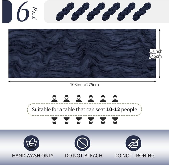 6 Pack Navy Blue Cheesecloth Table Runner 17x108 Inch Semi Sheer Boho Gauze - Image 2