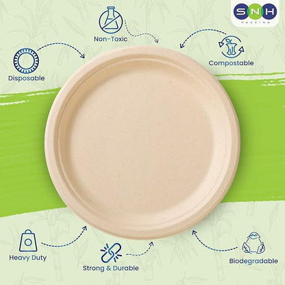 SNH Packing 100% Compostable Plates 10 Inch [125-Pack], Heavy Duty Dinner Paper Plates, Eco-Friendly Biodegradable Sugarcane Bagasse, Natural Brown Disposable Plates for Dessert, Party, BBQ & Picnic