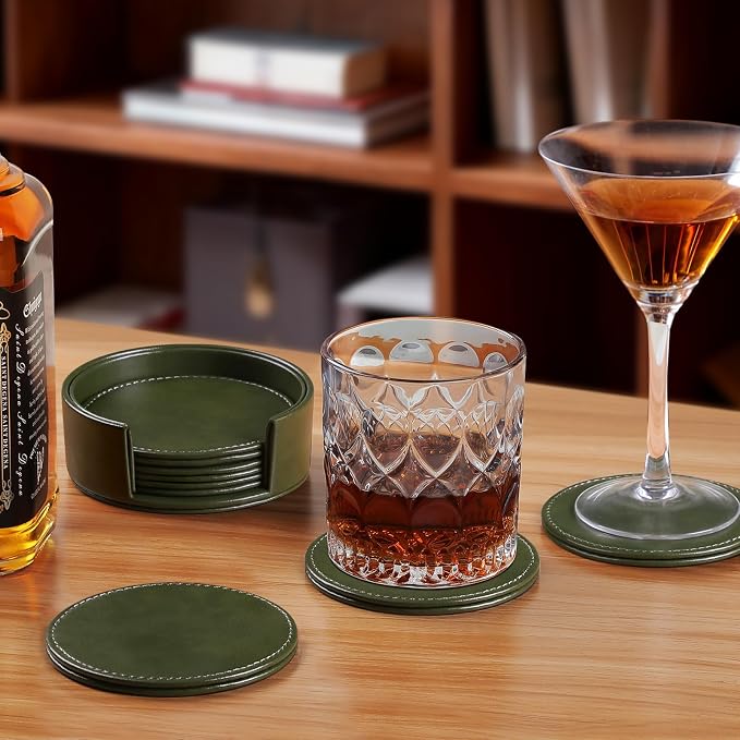 Leather Coasters Set of 6 with Holder, Tabletop Protection, Coffee Table & Bar - Image 2