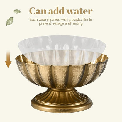 Set of 4, 7'' Wide 3.94'' High Distressed Gold Compote Pedestal Vases, Vintage Antique Urn Gold Flower vases for Centerpieces, Metal Compote Bowl Vase for Wedding Centerpieces