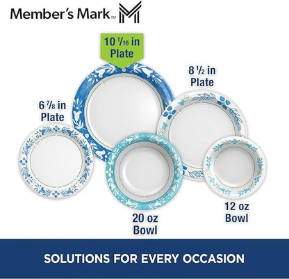 MMember's Mark Ultra Dinner Paper Plates, Blue Floral Pattern, 10 1/16 Inch, Compostable, Cut & Grease Resistant, Microwave Safe, 204 Count