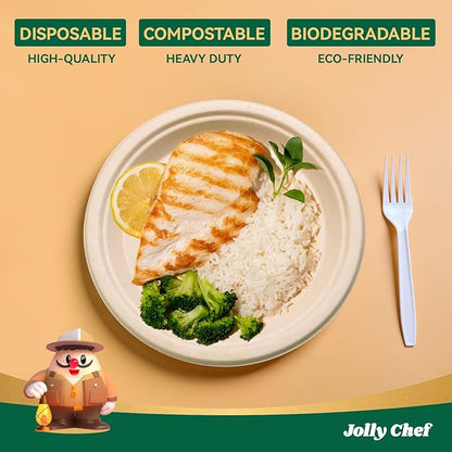 JOLLY CHEF Compostable Heavy Duty Plates 𝟳 𝗶𝗻𝗰𝗵 𝗮𝗻𝗱 𝟵 𝗶𝗻𝗰𝗵 [𝟭𝟮𝟬 𝗣𝗮𝗰𝗸] Eco-Friendly Disposable Paper Plates Bagasse Biodegradable Sugarcane for Party Hot Cold Foods Christmas(Brown)