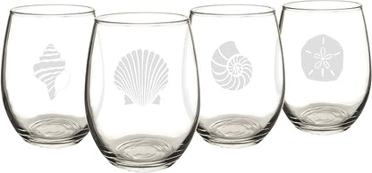 Cathy's Concepts SEA-1110 Seashell Stemless Wine Glasses – 4 Unique Designs, Holds Up to 21 oz., 4-Glass Set
