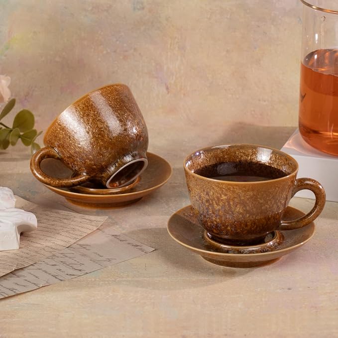 KAMMAK Tea Cups and Saucers Set of 2, 4.3 oz Glaze Coffee Mugs, 807N | - Image 3