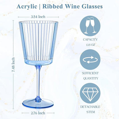 48 PCS Blue Ribbed Plastic Wine Glasses 13.5 OZ Ribbed Wine Glasses Detachable Wine Glass Elegant Fluted Glassware Vintage Style for Wedding Anniversary Birthday Dinner Parties(Blue, 48 Pack)