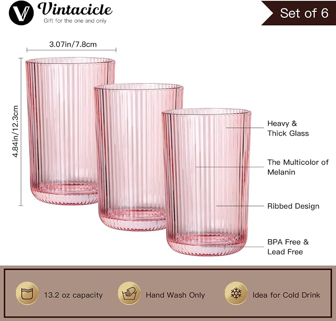 Pink Ribbed Highball Glasses Set of 6, 13.2oz Pink Colored Glassware, Drinking - Image 2