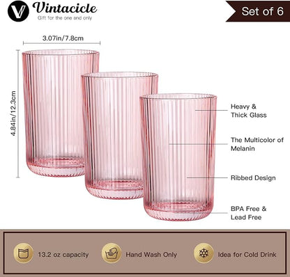 Pink Ribbed Highball Glasses Set of 6, 13.2oz Pink Colored Glassware, Drinking - Image 2