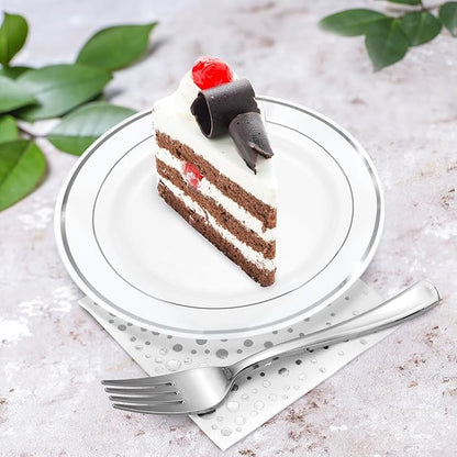 Stylish Disposable Party Set - 100 Cups, Forks, Napkins, 7.5 Inch Dessert Plates, Cake Plates, Appetizer Plates