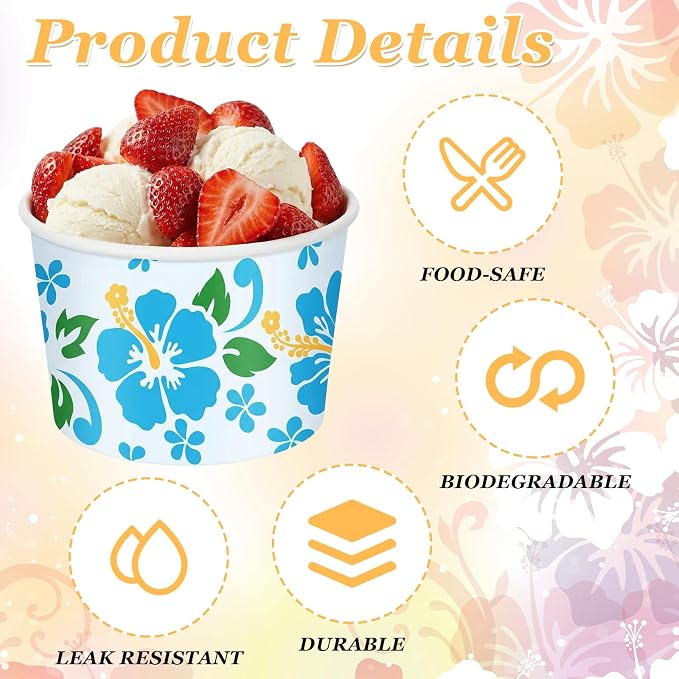 100 Pcs 9oz Summer Hawaii Paper Bowls Treat Snack Cups Summer Ice Cream Dessert - Image 3
