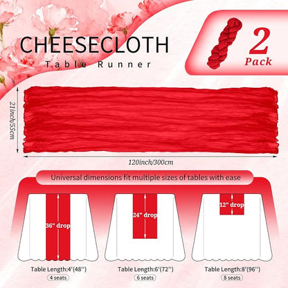 Showgeous 2 Pack Red Cheesecloth Table Runners Boho Wedding Decor | Rustic - Image 2