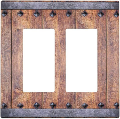 Outlet Covers Rustic Farmhouse Barn Door Vintage Wood 2 Gang Light Switch Cover Double Rocker Wall Plate Decorative GFCI Receptacle Electrical Switchplate for Bathroom Cabin Decor（2 Pack）