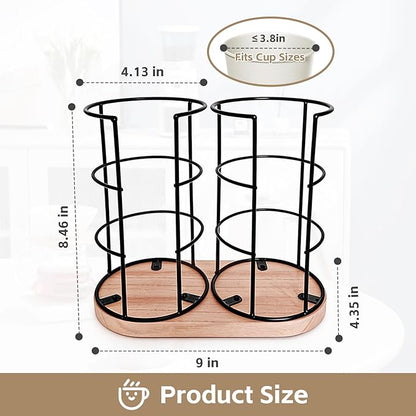 Metal 2-Compartment Coffee Cup Dispenser with Wood Base, Disposable Cup, and Lid Organizer for Countertop, Suitable for Gyms, Offices, Kitchens, Cafes（Black）