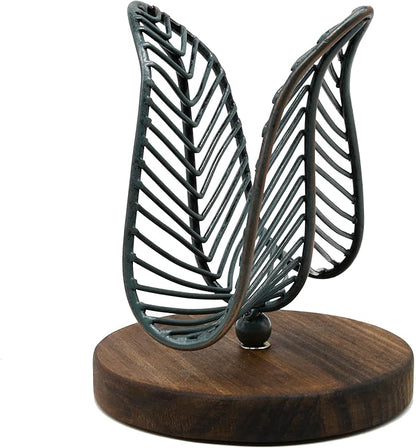 OwlGift Freestanding Modern Napkin Holder w/Golden Turquoise Wrought Iron Leaf & Brown Wooden Base Design, Tabletop Tissue Dispenser, Napkin Storage Organizer