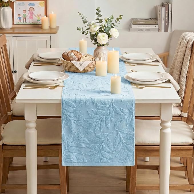 Artoid Mode Light Blue Soft 3D Jacquard Leaves 100%Cotton Spring Table Runner - Image 2