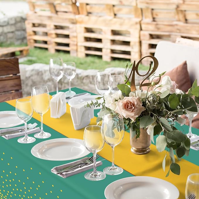 8Pack Disposable Plastic Party Tablecloths and Satin Table Runner Set Green and - Image 6