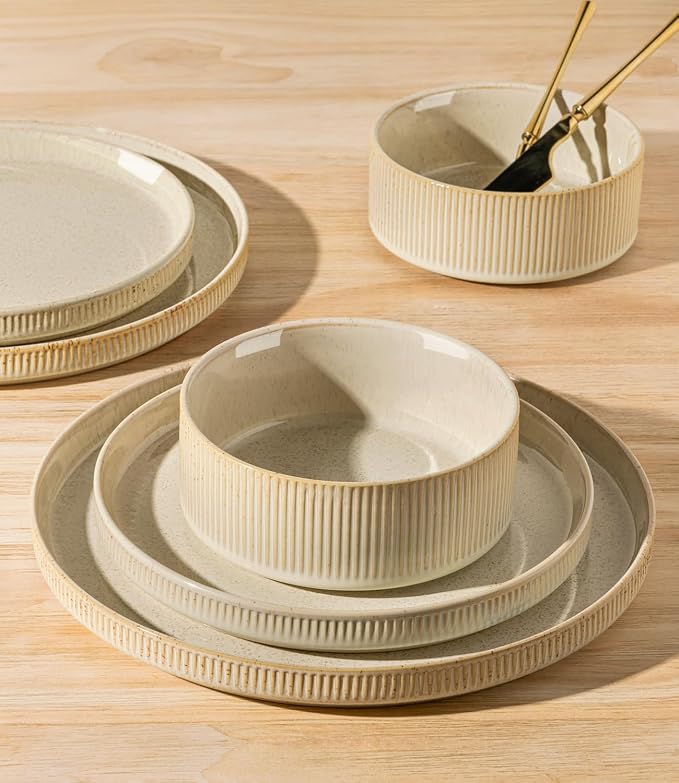 Ceramic Dinnerware Set for 4, 12-Piece Plates and Bowls Set | Lightweight - Image 4