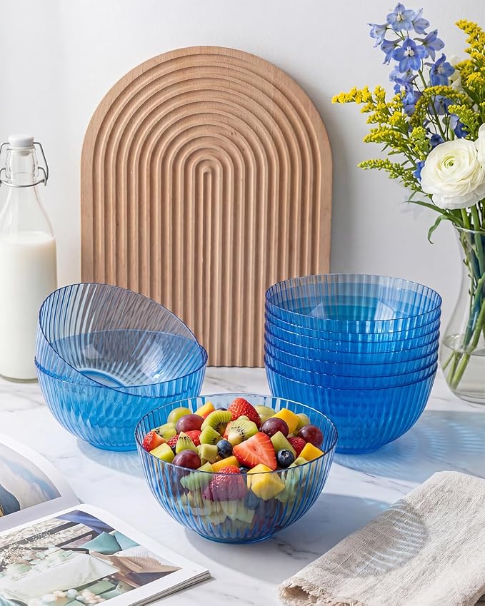 bUCLA 12 PCS Plastic Cereal Bowls Set - 28 Oz Clear Blue Disposable Vertical - Image 5