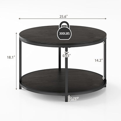 NSdirect Round Coffee Table, 25.6" Small Coffee Table for Living Room,2-Tier Rustic Wood Desktop with Storage Shelf Modern Design Home Furniture(Black)