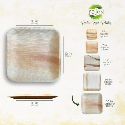Raj Palm Leaf Plates [200-Pack] 10" Square Plates like Bamboo plates Disposable, Strong, Decorative Compostable Tableware for wedding, Lunch, Dinner, Birthday, Camping, Outdoor BBQ, Picnic…
