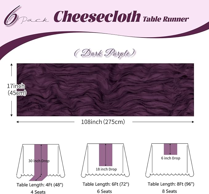 6 Pack Dark Purple Cheesecloth Table Runner, 17 x 108 inch, Semi Sheer Boho - Image 3