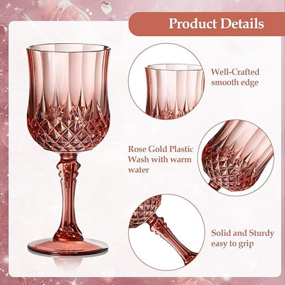 XUWAIDSGN 24 Pcs 7oz Plastic Vintage Wine Glasses Drinking Glasses Unbreakable Wedding Glassware Crystal Water Goblets Reusable Drinkware Vintage Champagne Flutes (24, Rose Gold)