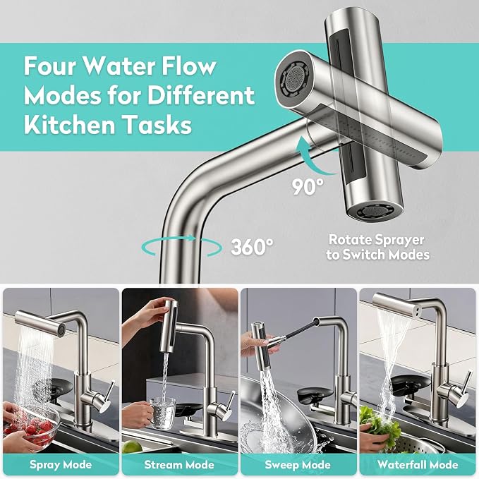 Waterfall Kitchen Faucet with Pull Down Sprayer & Glass Rinser | 4 Adjustable - Image 5