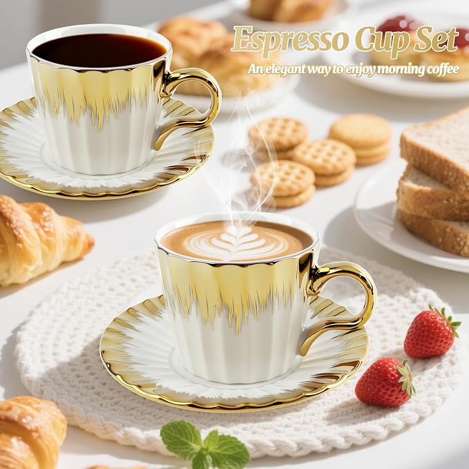 Coffee Cup Set of 6 with Saucers, 3.5 OZ Ceramic Espresso Cups, Deco Golden - Image 2
