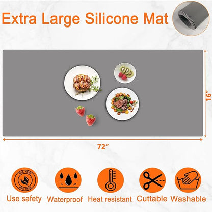 Extra Large Silicone Mat for Kitchen Counter, 72''x16'' Silicone Mats, Non-Slip Heat Resistant Countertop Protector, Waterproof Kitchen Island Mat, Black