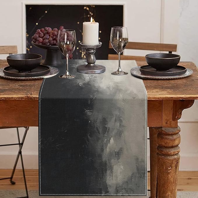 Emvency Table Runner, 13x72 Inch, Abstract Modern Black | And White Oil by Emvency