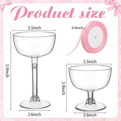 20 Set Disposable Plastic Martini Glasses with Pink Bow 6.5 oz Clear Coupe Glasses Acrylic Champagne Tower a Tini Bit Party Favor Cocktail Unbreakable Dessert Glass for Wedding Birthday
