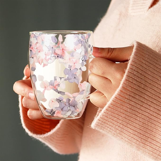 Gifts for Women Dried Flowers Double Wall Glass Coffee Mugs Cute Glass Tea Cups - Image 9