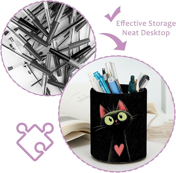 Leather Pen Holder for Desk, Cat Heart Pencil Cup Pen Organizer Makeup Brush - Image 4