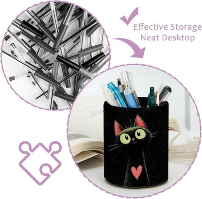 Leather Pen Holder for Desk, Cat Heart Pencil Cup Pen Organizer Makeup Brush - Image 4