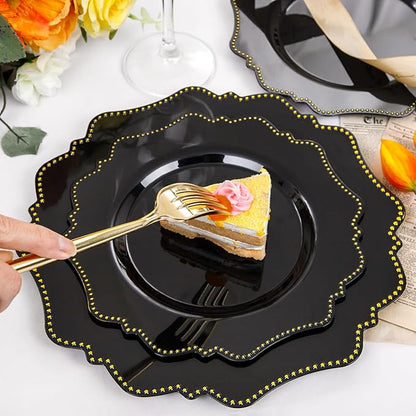 COLOSUS 60pcs Disposable Plastic Plates Set, Gold Black Party Plates, 30pcs Dinner Plates and 30pcs Salad/Dessert Plates for Wedding, Party, Anniversary, Daily Use，New Year
