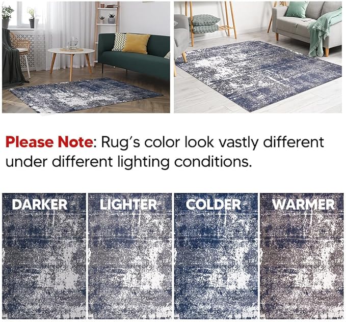 Keen Home Design Area Rugs - 5ft Round Non-Shedding, Abstract Rugs for Kitchen, Living Room, Bedroom, Dining Room, Entryway - Size: 5'3" Square, Navy/Grey/White