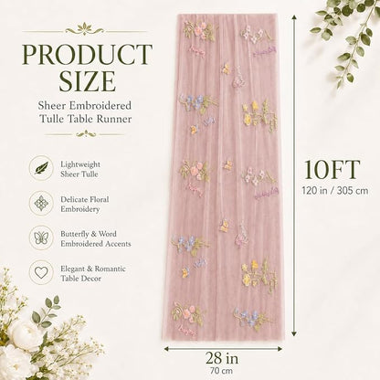 Wildflower Tulle Table Runner Butterfly Floral Wedding Party Home Decor | Pink - Image 3