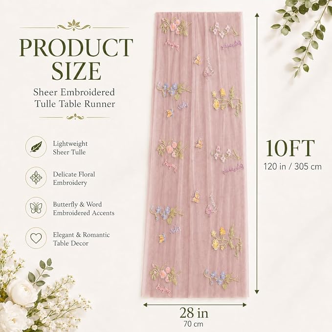 Wildflower Tulle Table Runner Butterfly Floral Wedding Party Home Decor | Pink - Image 3