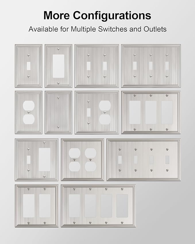 2-Pack Combo Toggle/Duplex Light Switch Cover Plate, Brushed Nickel Wall Outlet Cover Plate, Decorative Wall Receptacle Cover for Electrical Outlets, Light Switch, Durable Solid Zinc Alloy